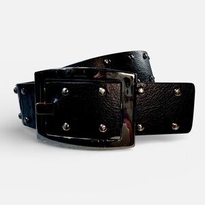 Calvin Klein Jeans Black Studded Synthetic Leather Belt Medium Titanium Buckle